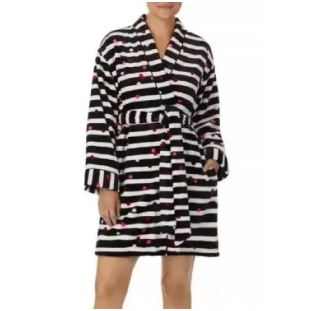Kate Spade New‎ York Women's M Black White Striped Polka Dot Plush Robe